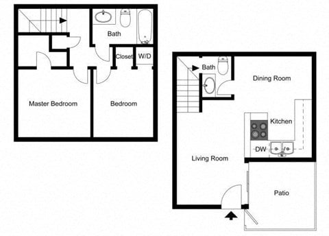Floor plan for 2 beds, 1.5 baths, 946 sqft